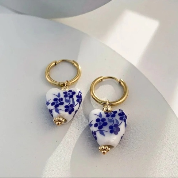 Ethnic Blue Porcelain Heart Stainless Steel Pearl Earrings - Picture 10 of 13